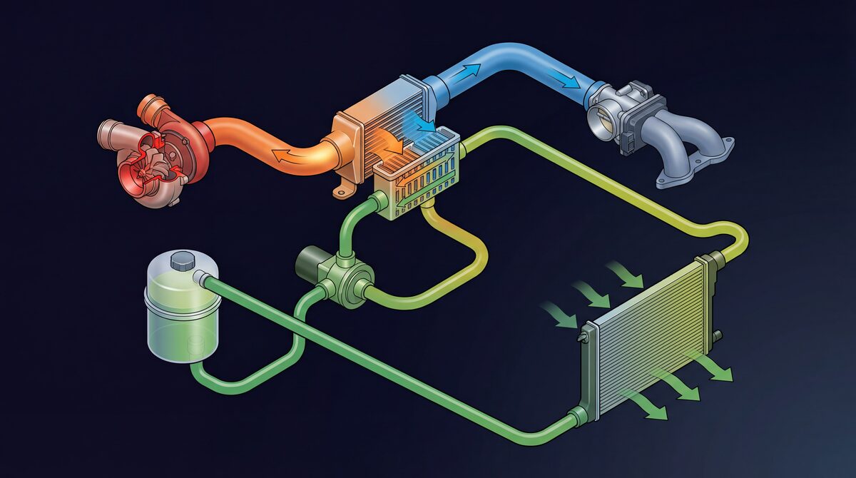 Air-to-water intercooler system diagram showing separate charge air path and coolant loop with reservoir, electric pump, front-mounted radiator, and heat exchanger