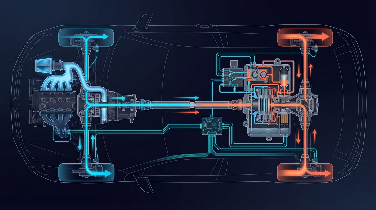 Haldex AWD system cutaway diagram showing front transaxle, propshaft, rear differential with electrohydraulic clutch pack