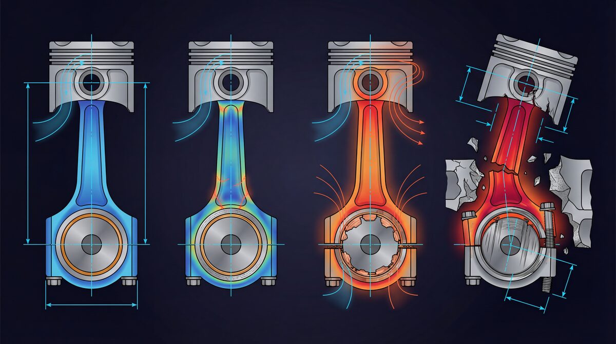 Connecting rod comparison showing stock sintered EA113 rod vs forged H-beam aftermarket rod with ARP2000 bolts