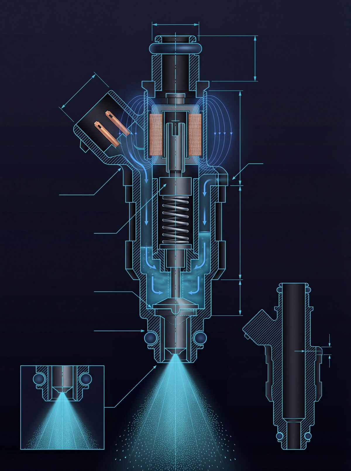 Direct injection fuel injector cutaway showing solenoid, pintle, and high-pressure spray pattern into combustion chamber