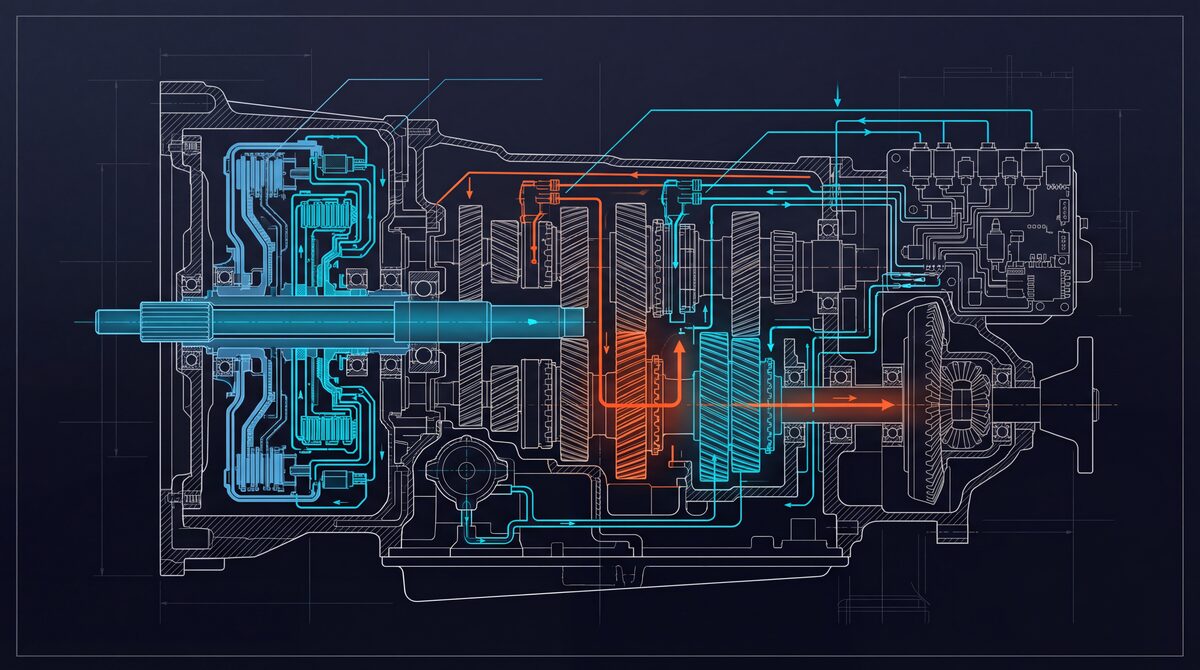 VW DSG dual-clutch transmission cutaway showing DQ250 internals — dual clutch packs, mechatronic unit, and concentric input shafts