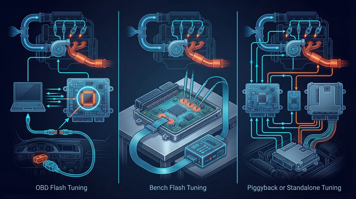 ECU tuning methods comparison showing OBD flash tuning, bench flashing, and piggyback module installation