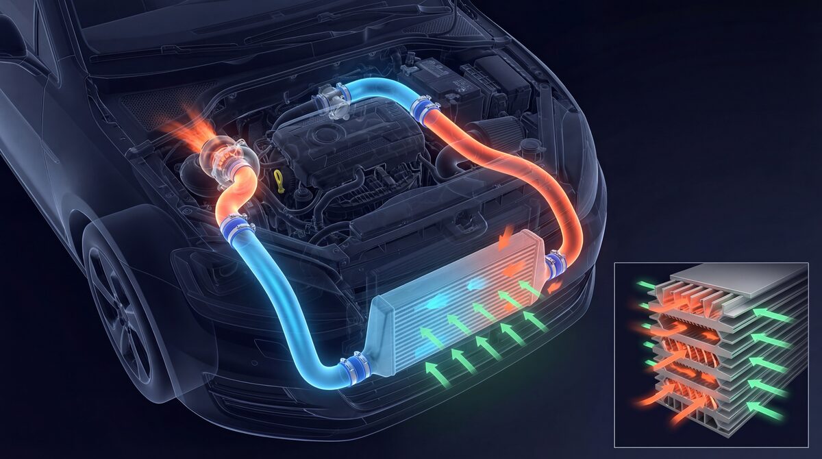 Front-mount intercooler system diagram showing charge air path from turbocharger through piping to FMIC core mounted behind bumper and back to throttle body on a VW Golf