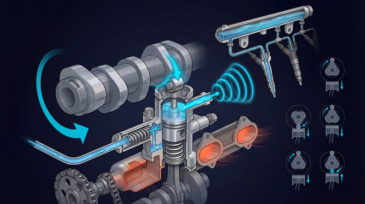 Cross-section of VW EA888 high-pressure fuel pump showing camshaft lobe, bucket tappet, pump piston, and check valve operation in three phases