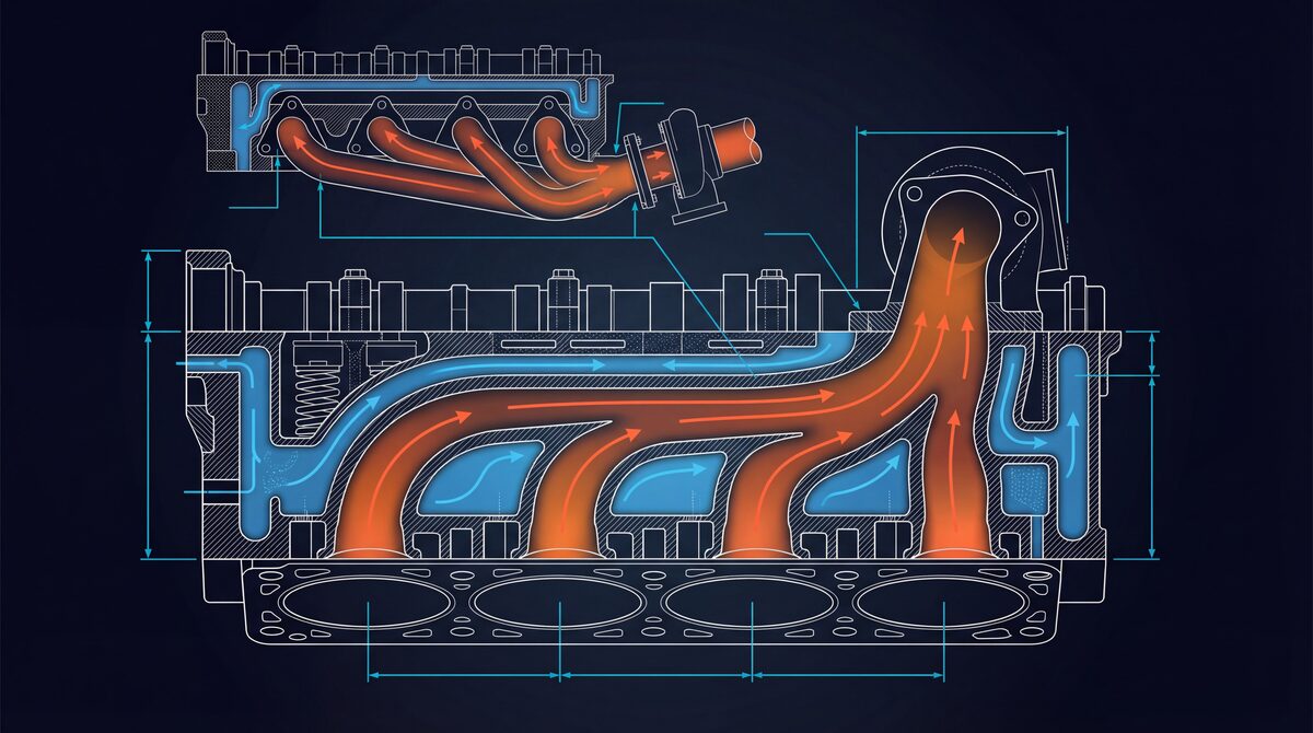 Intake and exhaust manifold runner design cross-section showing flow paths, plenum volume, and runner length