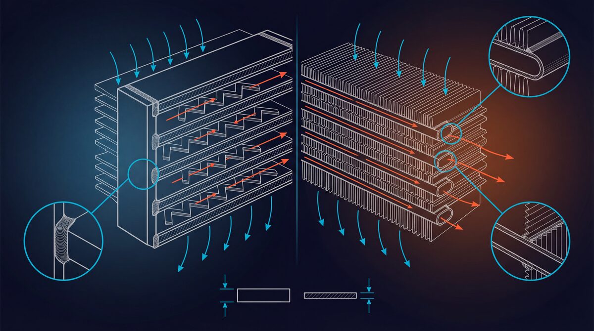 Intercooler core construction comparison: tube-and-fin vs bar-and-plate showing internal flow paths and cooling efficiency