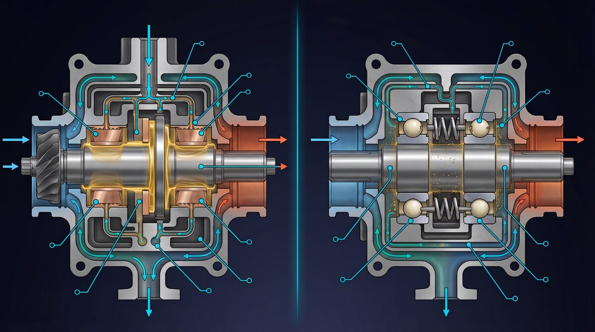 Side-by-side cutaway comparison of journal bearing and ball bearing turbocharger center sections showing oil passages, bearing surfaces, and shaft assembly