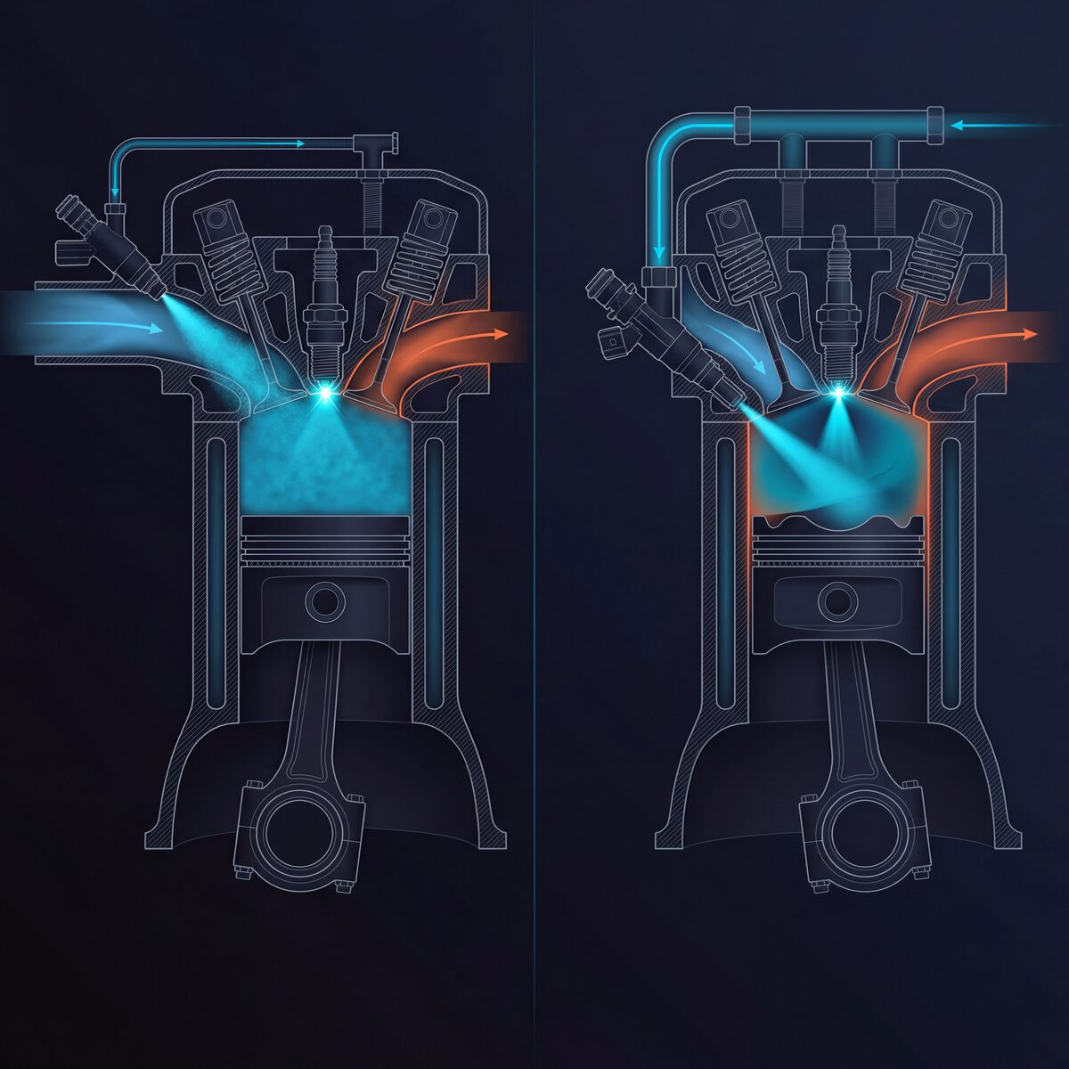 Side-by-side comparison of port fuel injection and direct injection showing different injector placement and spray patterns