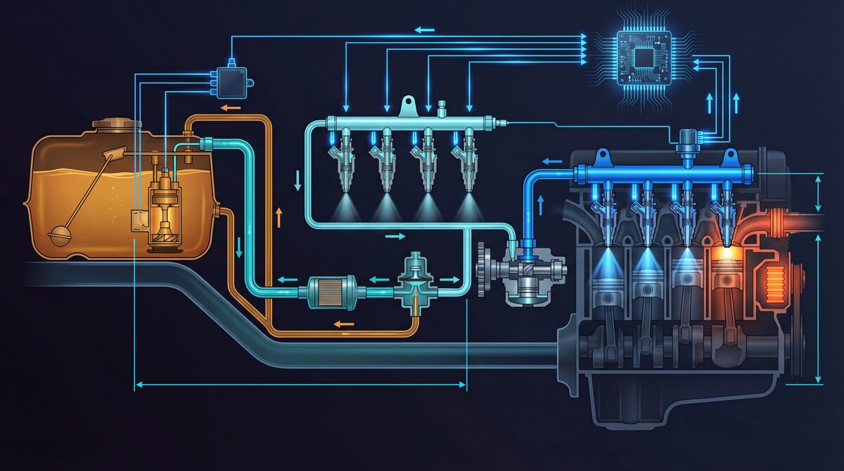 Complete VW/Audi EA888 fuel system architecture showing tank, LPFP, fuel lines, HPFP with cam drive, high-pressure rail, DI injectors, and port injection loop on Gen3B+