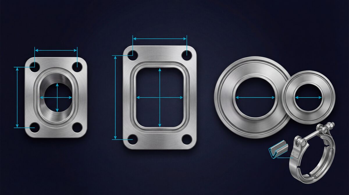 Top-down comparison of T3, T4, and V-band turbine inlet flanges drawn to scale with dimensions and bolt patterns labeled