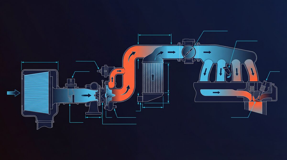 Complete intake and charge air path diagram for EA888 Gen3 showing air filter, MAF sensor, turbo inlet pipe, compressor, charge pipes, FMIC, throttle body, and intake manifold