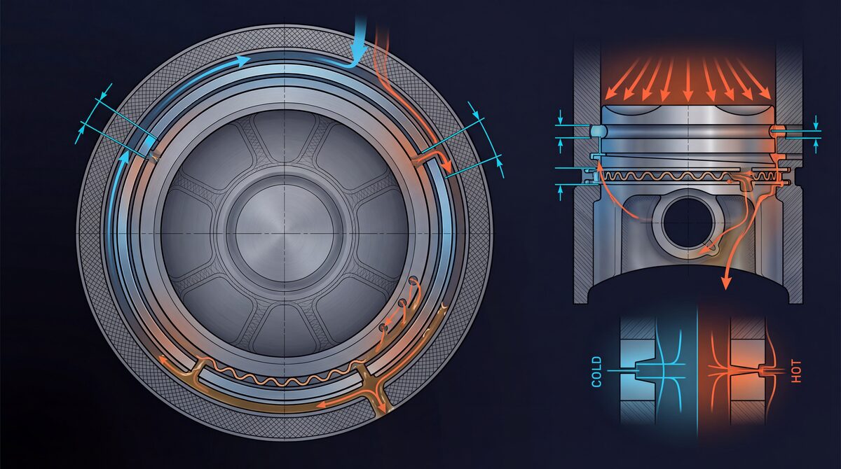 Turbo piston crown design showing thermal expansion grooves, valve reliefs, and dish profile for reduced compression