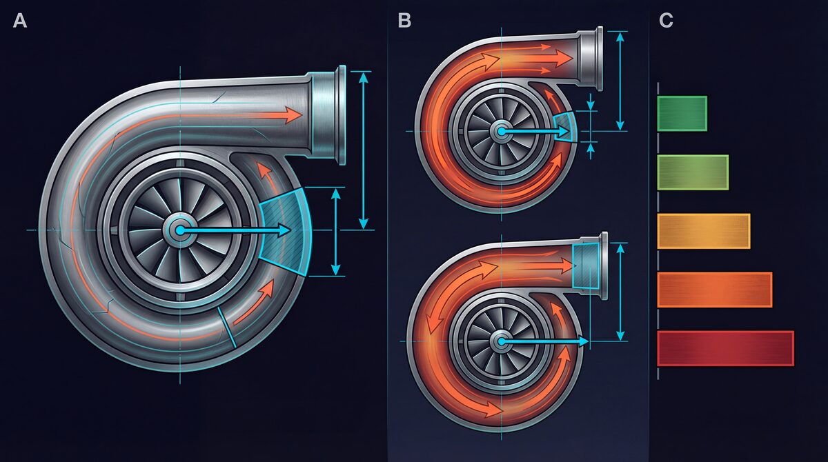 Cross-section diagram of a turbine housing showing the A measurement (cross-sectional area of scroll passage) and R measurement (radius to turbine center), with 0.63 and 1.06 A/R comparison