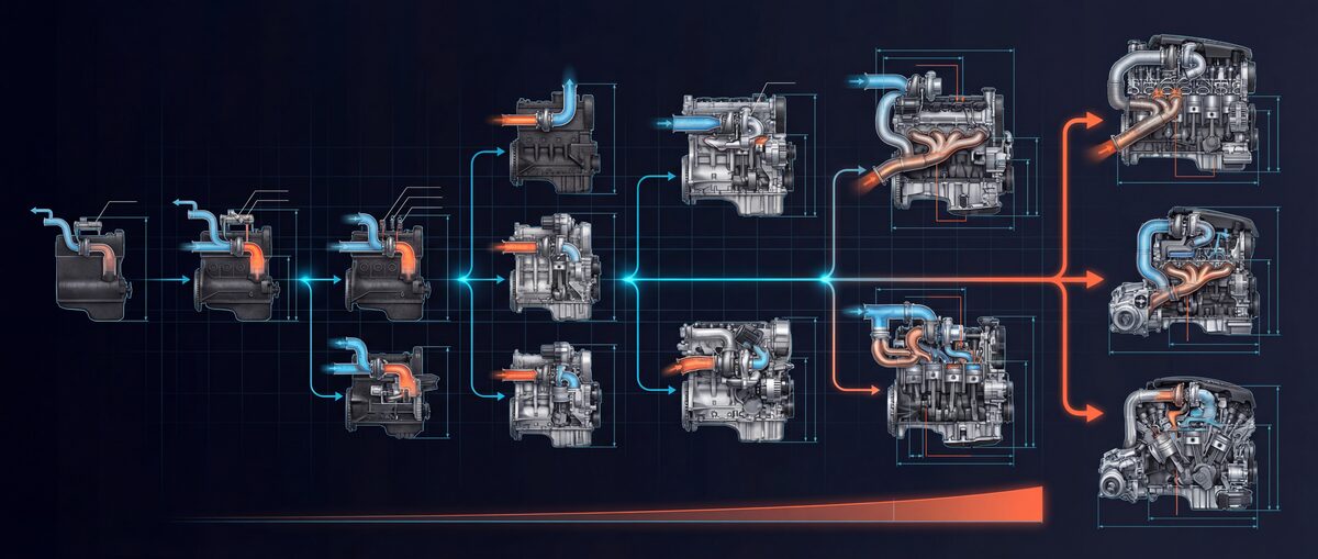 VW/Audi turbo engine family tree timeline from 1976 to 2026 — inline-4, VR6, 5-cylinder, and V8 branches with engine codes, power ratings, and key vehicles