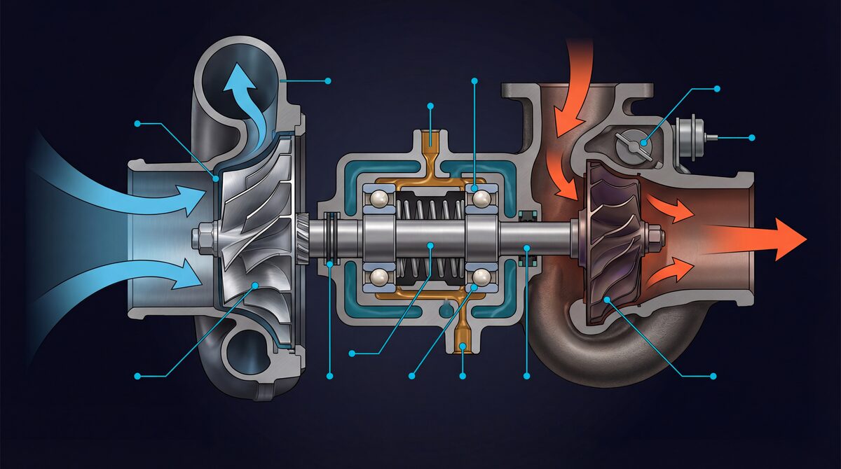 Cross-section of a ball-bearing turbocharger showing compressor wheel, center housing with oil and water passages, ceramic ball bearings, and Inconel turbine wheel with wastegate bypass